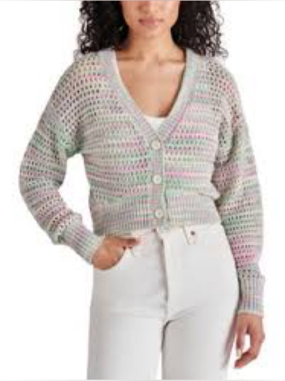 STEVE MADDEN Cropped Pastel Stripe Crochet V-Neck Cardigan Sweater - Women